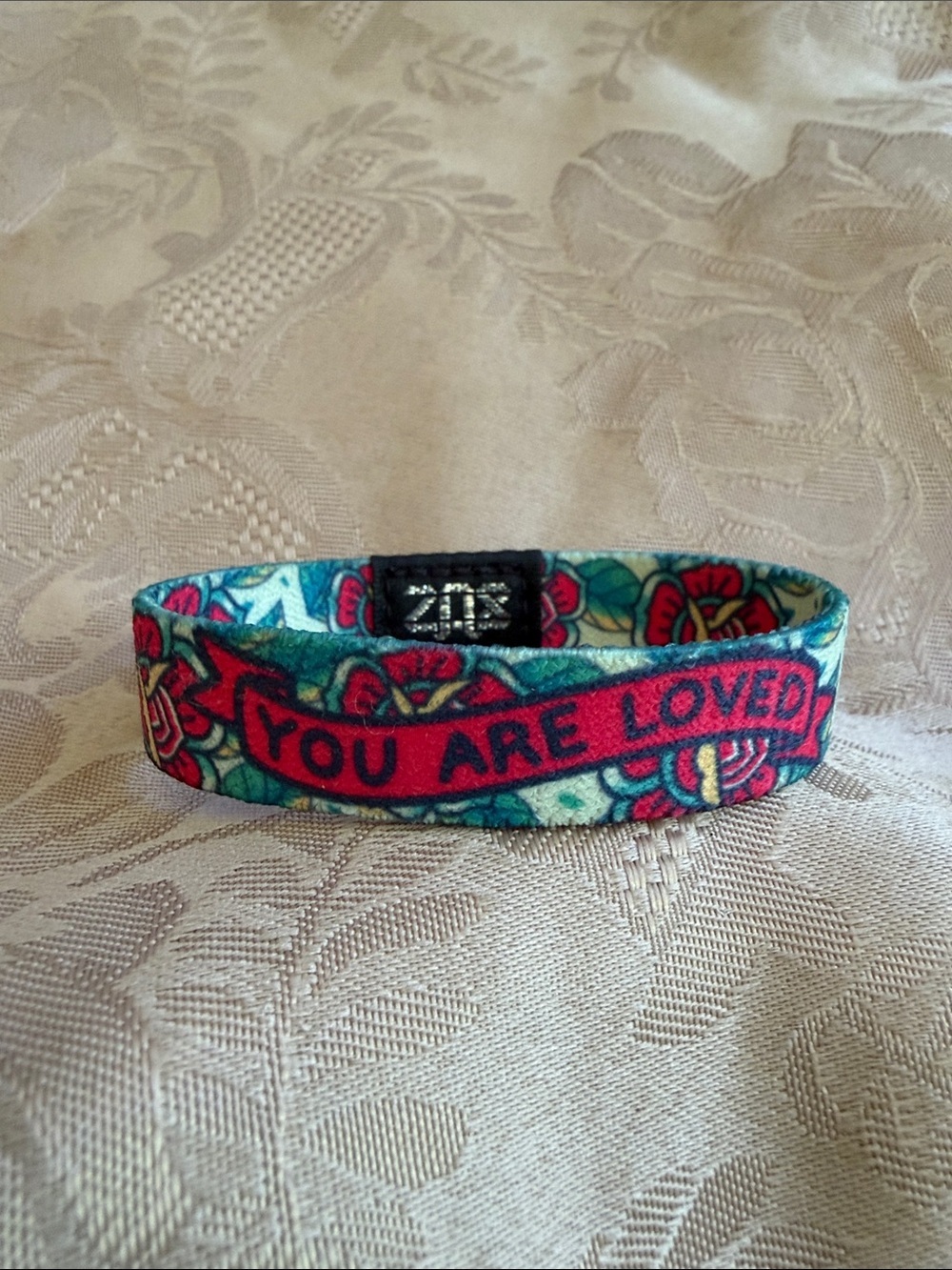 You Are Loved Fabric Bracelet — Inspirational Red & Teal Floral Bracelet - Picture 1 of 2